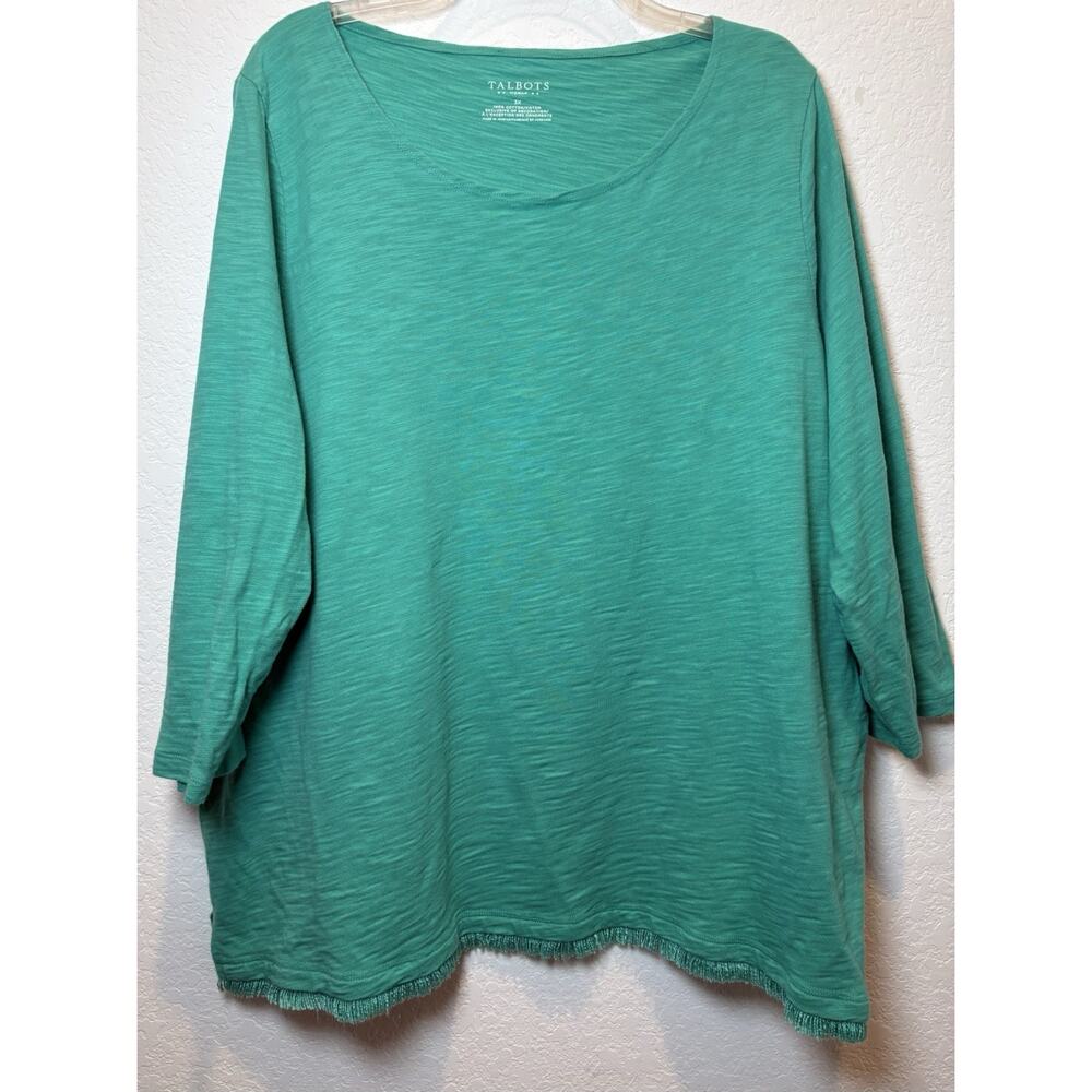 Talbots Green Slub Knit Top with Fringe 3/4 Sleeves Size 3X